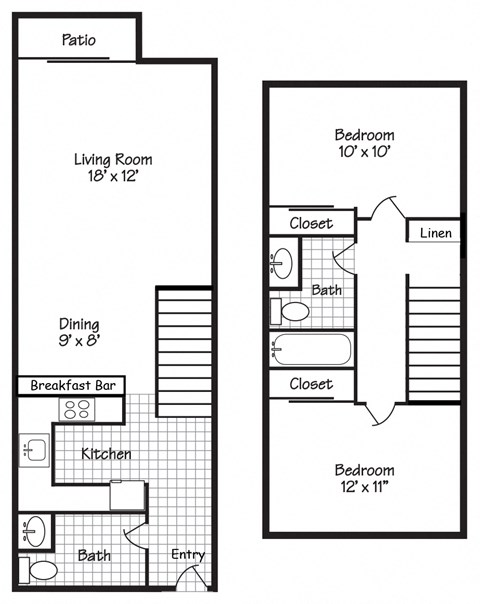 Floor plan for 2 beds, 1.5 baths, 1034 sqft